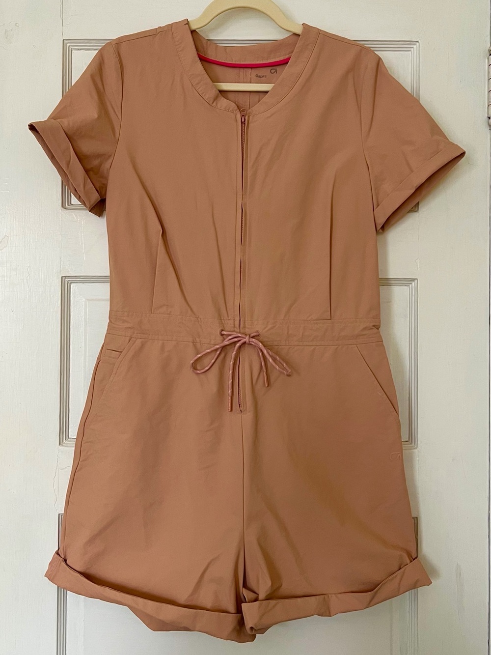 Activewear Short Sleeve Zip-Front One-Piece Romper - Dusty Rose